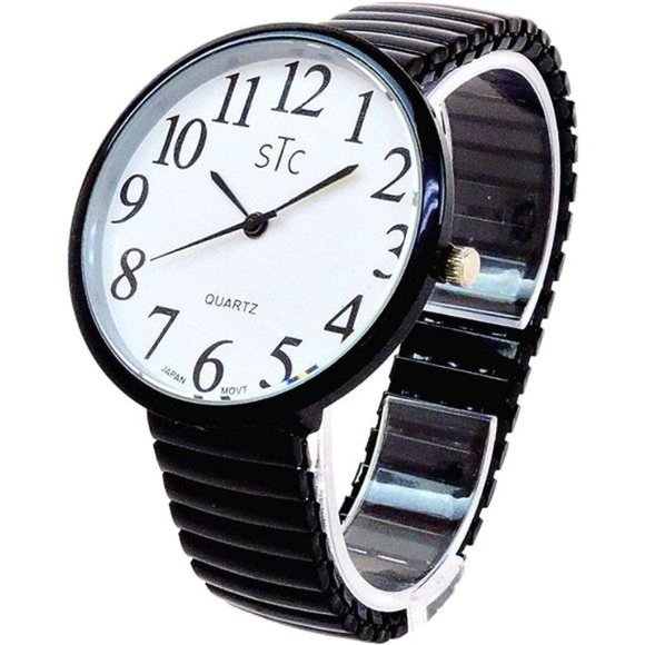 Black Super Large Face Stretch Band Easy to Read Watch - Picture 1 of 5